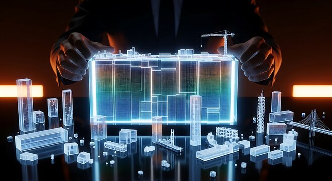 Futuristic City Planning: Architect Holding Holographic 3D Model of Smart City Development. - Powered by Adobe