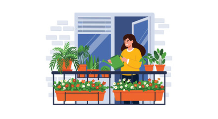 Obraz premium A happy woman on her apartment balcony waters a variety of vibrant potted plants and blooming flower boxes, creating a serene urban garden.