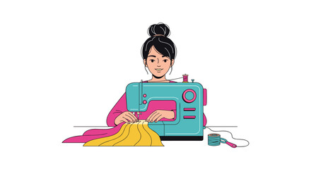 A young woman with a bun hairstyle is focused on sewing a yellow and pink fabric on a teal-colored sewing machine.