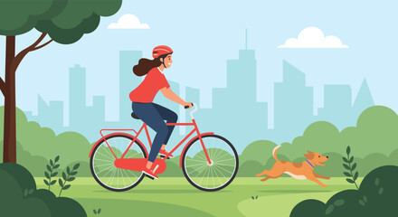 A joyful woman cycles with her playful dog through a green park, featuring a serene natural setting against a modern city background.