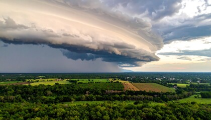 Aerial view showcases a massive shelf cloud looming over a green landscape, with rain below