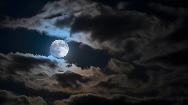 Dramatic moonlit night sky with dark clouds creating a moody and mysterious atmosphere tonight