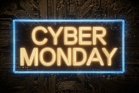 Cyber Monday sale event text on a dark background with circuits symbolizing technology