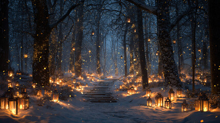 Naklejka premium Christmas forest clearing with glowing lanterns 