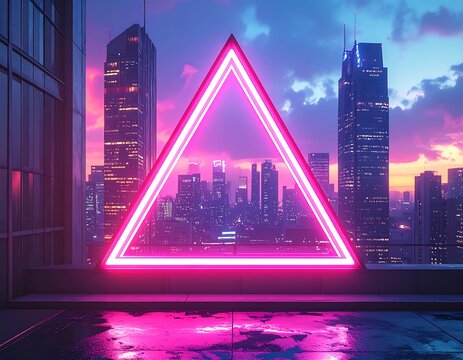 Illuminated neon triangle, city skyline backdrop during dusk