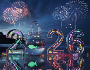 festive 2026 new year countdown with glowing numbers and fireworks display