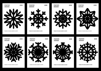 Merry Christmas cards set. Festive Xmas posters, winter holiday greeting postcard designs. Vertical templates with astract snowflake. Flat vector illustration set.
