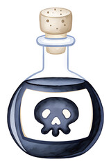 Watercolor poison bottle with skull on transparent background.