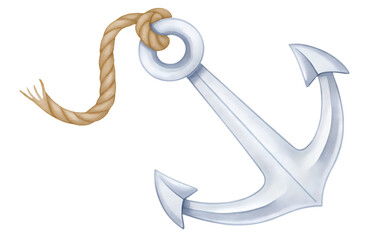 Watercolor anchor with rope on transparent background.