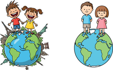 Cartoon kids standing on globe, global unity and diversity illustration, famous landmarks and continents concept, vector world connection design, cultural geography scene