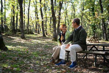 Senior couple enjoying conversation sitting on park bench