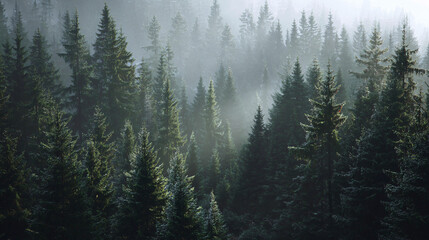 Christmas forest filled with mist 
