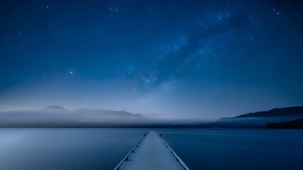 Stunning milky way night sky over serene lake with long pier reaching towards distant mountains