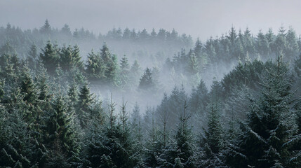 Christmas forest filled with mist 