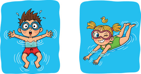 Cartoon kids swimming in pool, summer fun illustration, boy floating, girl underwater, goggles and swimsuit, playful water scene, vector children activity