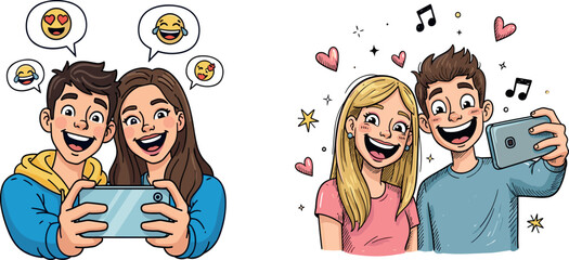 Cartoon kids taking selfies with emojis and decorations, digital communication illustration, expressive social media moment, vector selfie scene, modern interaction design