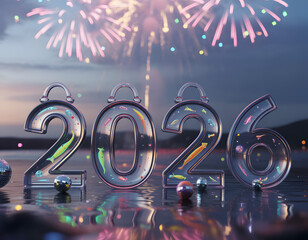 futuristic 2026 new year party background with neon lights and sky fireworks