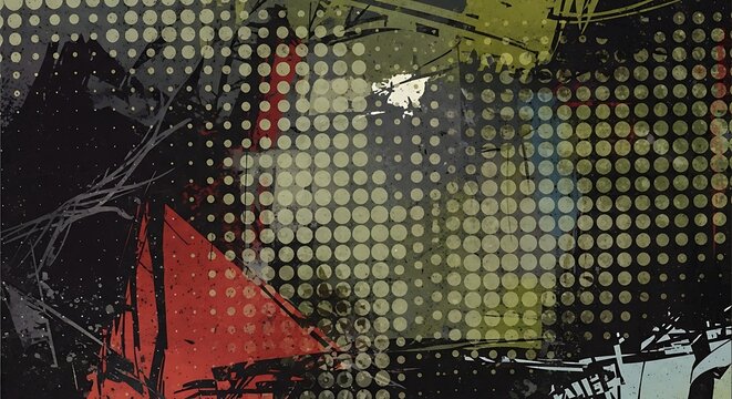 A fragmented abstract digital composition with a halftone pattern overlay. Angular shapes and dynamic brushstrokes in a complex layering