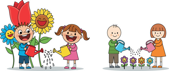 Cartoon kids watering flowers, nurturing and growth illustration, whimsical vs realistic garden concept, environmental care scene, vector gardening activity design