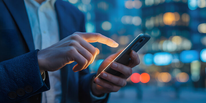 Businessman Using Smartphone at Night - Urban Connectivity & Mobile Tech