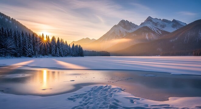 A frozen lake reflects a vibrant sunrise, framed by snow-covered trees and majestic, snow-capped mountains. A crisp winter landscape