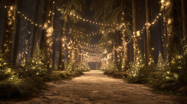 Christmas forest path with soft lights 