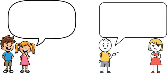 Cartoon kids with speech bubbles, dialogue and emotion illustration, storytelling and expression concept, educational interaction scene, vector communication design