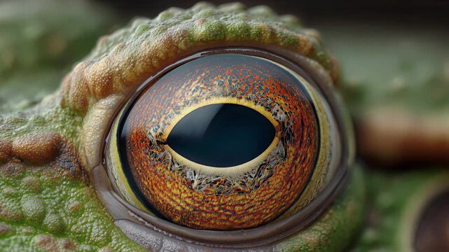 Frog Eye Macro Detail. Video revealing intricate amphibian eye with amber iris amid bumpy green skin, subtle reflections.