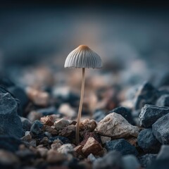 Small Mushroom Growing Persistently Among Stones in Low Light