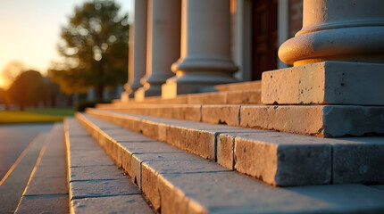 Stone steps lead up to grand columns, bathed in the warm glow of sunset, evoking a sense of history and prestige. Courthouse close up
