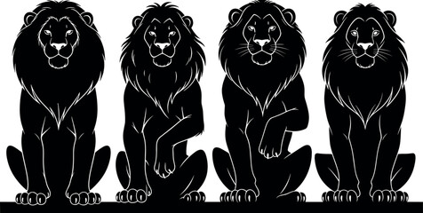 Cartoon lions in symmetrical pose, stylized animal vector illustration for decor, logo, editorial, tattoo, kids design, and visual puzzle useg