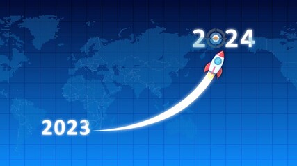 Rocket Launching From 2023 To 2024 Over Digital World Map With Target year