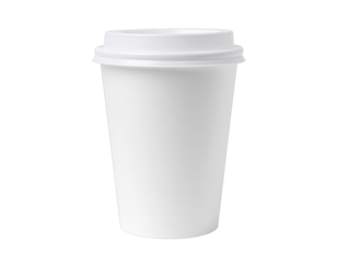 A clean white paper coffee cup with a white lid isolated on a transparent background showcasing a simple beverage container perfect for branding and design mockups