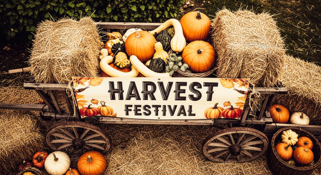 An autumnal harvest festival display, featuring pumpkins, gourds, and hay bales, evokes the warmth and abundance of the season. The rustic cart and inviting sign create a festive and inviting scene.