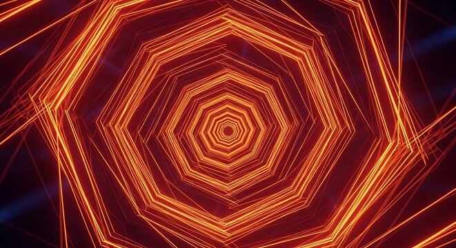 A geometric, octagonal tunnel radiates warm orange light. The perspective creates a sense of depth and movement, drawing the viewer in - Powered by Adobe
