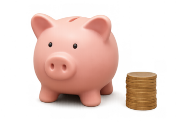 Pink piggy bank saving money with stacked gold coins. Concept of financial growth, banking, economy, and retirement planning. Transparent background