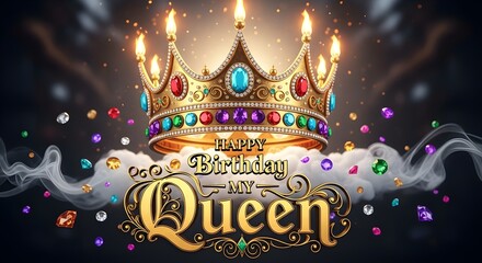 Happy birthday my queen with golden crown and colorful gems on a smoky background