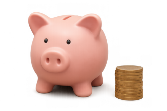 Pink piggy bank saving money with stacked gold coins. Concept of financial growth, banking, economy, and retirement planning. Transparent background