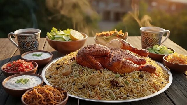 Deliciously Prepared Whole Chicken Mandi Platter Served with Traditional Sides on a Rustic Outdoor Table