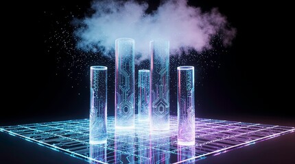 A glowing transparent glass-like pillars rising from a luminous holographic platform having a grid-like structure emitting light and a magical cloud of particles and light floats above the platform.