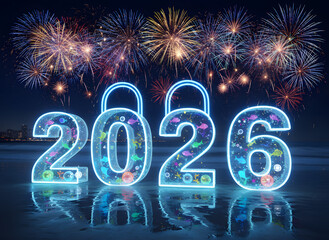 vibrant 2026 new year fireworks celebration with neon numbers on beach