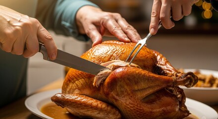 Golden roasted turkey being carved, perfect for Thanksgiving or holiday dinner promotions and recipes, showcasing family traditions and culinary excellence