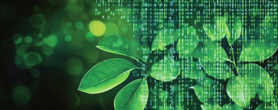 Green technology concept showcasing plant life overlaid with digital data