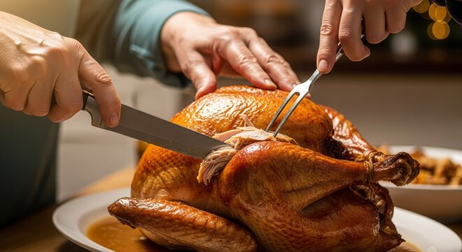Golden roasted turkey being carved, perfect for Thanksgiving or holiday dinner promotions and recipes, showcasing family traditions and culinary excellence - Powered by Adobe