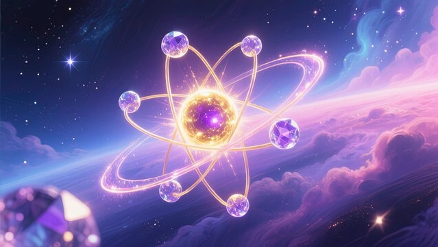 Surreal cosmic atom floating in deep space glowing nucleus radiating golden, violet light, surrounded by shimmering electron orbits ethereal nebula clouds made of luminous ribbons and crystal sphere - Powered by Adobe