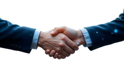 A professional handshake between two individuals, symbolizing trust and a successful business agreement, isolated on transparent background
