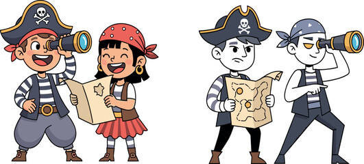 Cartoon pirate kids in colorful and grayscale styles, treasure map and telescope illustration, mood contrast concept, vector adventure scene, expressive pirate design