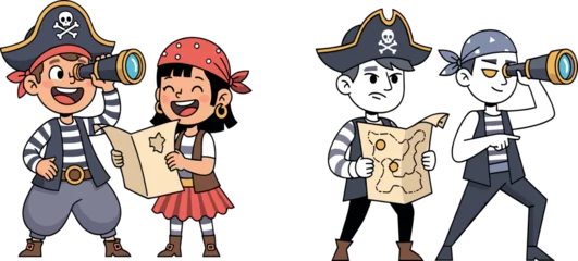 Fototapete Piraten Cartoon pirate kids in colorful and grayscale styles, treasure map and telescope illustration, mood contrast concept, vector adventure scene, expressive pirate design  © Monjurul Creatives
