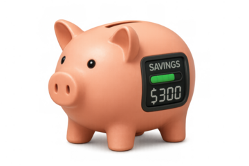 Piggy bank displaying digital savings account on a transparent background, showing money growth and financial investment