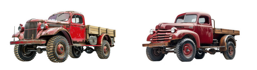 Naklejka premium Two vintage red trucks in different angles isolated on transparent background